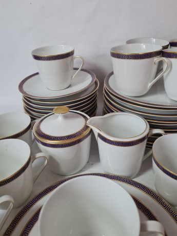 Чайный сервиз винтажный PMR Jager & Co Bavaria, белый фарфор с золотисто-голубым узором, Германия, 1960-70гг.