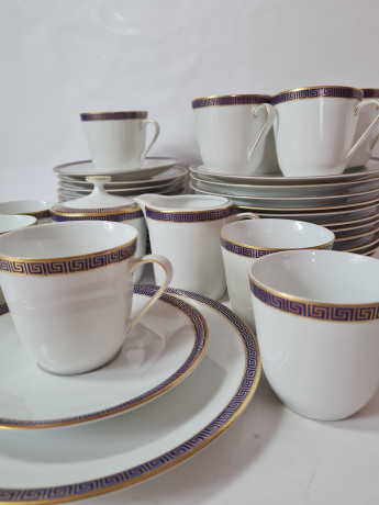 Чайный сервиз винтажный PMR Jager & Co Bavaria, белый фарфор с золотисто-голубым узором, Германия, 1960-70гг.