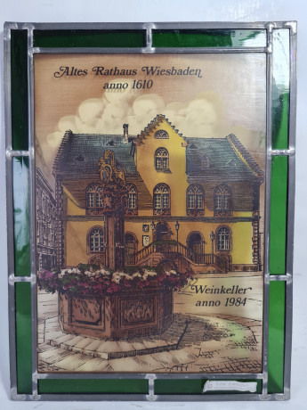Картина винтажная Helga Hanzmann "Старая ратуша Висбадена 1610г. Винный погреб", витражная рама, на стекле, 29 x 22 см, Германия, 1984г.