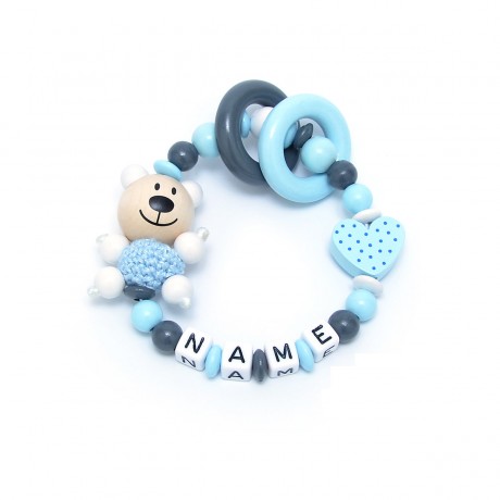 kleinerStorch Greifling mit Name – Jungen Beissring personalisiert – Holz Rassel Bar Herz blau Персонализированное кольцо для прорезывания зубов с именем