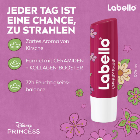 Labello Disney Princess Mulan Cherry Shine, Бальзам для губ коллекция Дисней Принцесса Мулан, с маслом ши и церамидами для питания и защиты от сухости, аромат вишни, 4,8 г