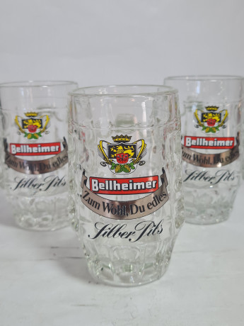 Немецкие пивные кружки винтажные Bellheimer /Siber Pils, стекло, 3 шт., 0.2 л, 12.5 см, Германия, 1970-80гг.