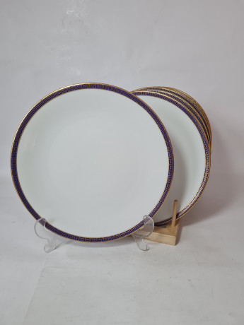 Набор тарелок винтажных PMR Jager & Co Bavaria, белый фарфор с золотисто-голубым узором, 6 шт х 24 x 2,5см, Германия, 1960-70гг.