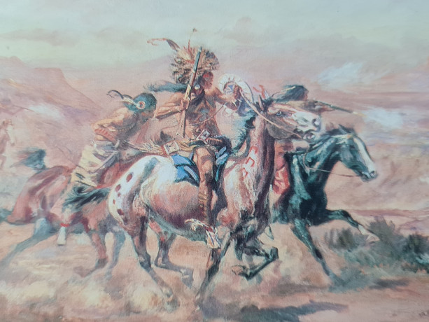 Картина винтажная "Нападение на обоз", деревянная рама, 34 x 28,5 см, Германия, 1950-60гг.