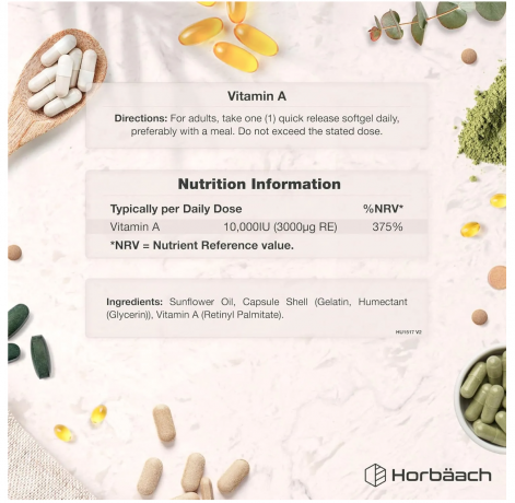 Horbaach  Vitamin A Hochdosiert 10000 IE, 365 softgels, Horbaach Витамин A 10000МЕ для здоровья глаз и сияющей кожи (Великобритания), 365шт, запас на год