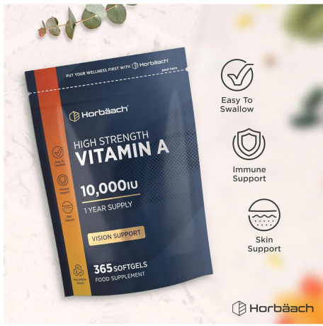 Horbaach  Vitamin A Hochdosiert 10000 IE, 365 softgels, Horbaach Витамин A 10000МЕ для здоровья глаз и сияющей кожи (Великобритания), 365шт, запас на год