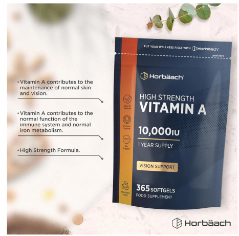 Horbaach  Vitamin A Hochdosiert 10000 IE, 365 softgels, Horbaach Витамин A 10000МЕ для здоровья глаз и сияющей кожи (Великобритания), 365шт, запас на год