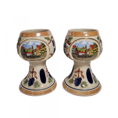 Бокал для вина винтажный Stoneware Vine с изображением Швебиш-Гмюнда и декором из винограда, фарфор, 2 шт., 14 см, Германия, 1960-70гг.