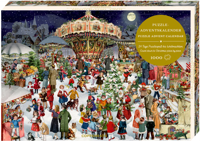 Die Spiegelburg Puzzle-Adventskalender 2026 Nostalgischer Weihnachtsmarkt, 24 Boxen, 1000 Teile, Die Spiegelburg Адвент-календарь 2026 с пазлом «Ностальгический рождественский рынок», 24 коробочки, 1000 деталей