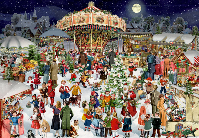 Die Spiegelburg Puzzle-Adventskalender 2026 Nostalgischer Weihnachtsmarkt, 24 Boxen, 1000 Teile, Die Spiegelburg Адвент-календарь 2026 с пазлом «Ностальгический рождественский рынок», 24 коробочки, 1000 деталей