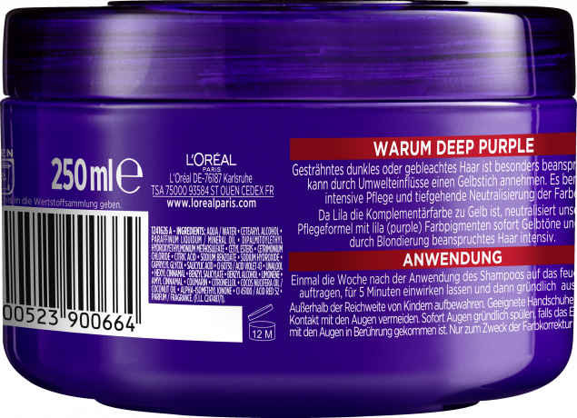 L'Oreal Paris Elvital Color Glanz Deep Purple Mask, 250 ml, Фиолетовая маска против желтизны для осветлённых тёмных и мелированных волос, интенсивный уход, 250 мл