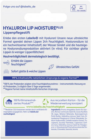 Labello Hyaluron Lip Moisture Plus, Бесцветный бальзам для губ с гиалуроновой кислотой и миндальным маслом для увлажнения и мягкости, 4,8 г