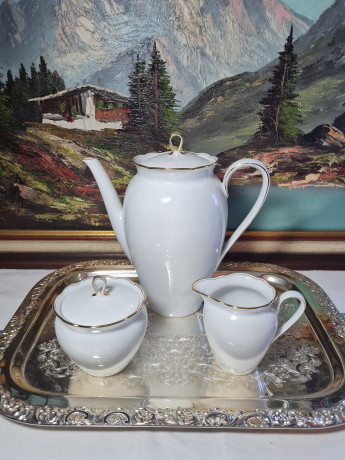 Чайный набор винтажный Seltmann Weiden Bavaria / 48 er, серия Inka, золотой декор, чайник, молочник, сахарница, фарфор, Германия, 1960-70гг.