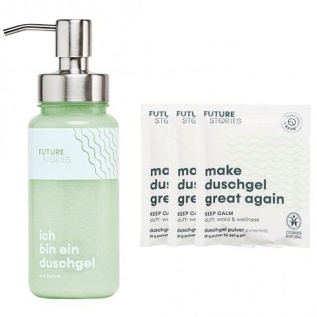 FUTURE STORIES Vorteilskit 3er Set Duschgel Pulver Wald & Wellness inkl. Pumpspender Комплект Advantage Kit из 3 порошковых гелей для душа Forest & Wellness, включая дозатор с помпой