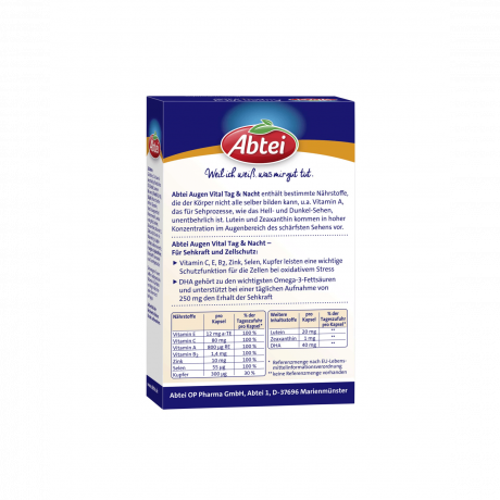 Abtei Augen Vital Tag & Nacht Kapseln, 3stk x 30 St (90st), Витаминный комплекс А, C, E, B2, DHA, цинк, селен и медь для глаз: день и ночь, 3 упаковки по 30 штук