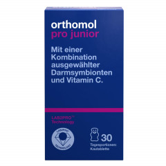Orthomol Pro junior Kombination darmsymbionten und Vitamin C, 30st х 2packs, Высокоэффективный пробиотик с бифидобактериями, лактобактериями и витамином С, жевательные таблетки со вкусом клубники, для детей с 4ех лет, 30шт x 2 упаковки (курс на 60 дней)