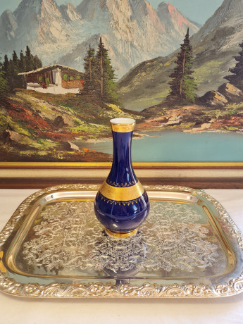 Ваза винтажная Royal KPM Bavaria, кобальт, темно-синий фарфор с золотым декором, 20 x 9 см / 3 см, Германия, 1960-70гг.