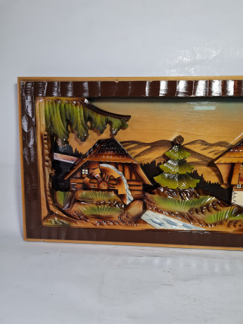 Картина винтажная объемная Ruks "Дом с водяным колесом", ручная работа, дерево, элемент музыкальной шкатулки, 55 x 25 см, Германия, 1960-1970гг.