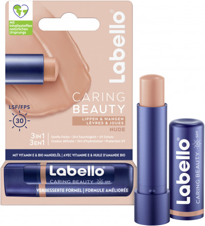 Labello Caring Beauty Nude LSF 30, Нюдовый бальзам для губ и щёк с маслом ши и миндальным маслом для питания и мягкости, SPF 30, 4,8 г