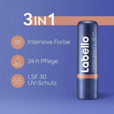 Labello Caring Beauty Nude LSF 30, Нюдовый бальзам для губ и щёк с маслом ши и миндальным маслом для питания и мягкости, SPF 30, 4,8 г
