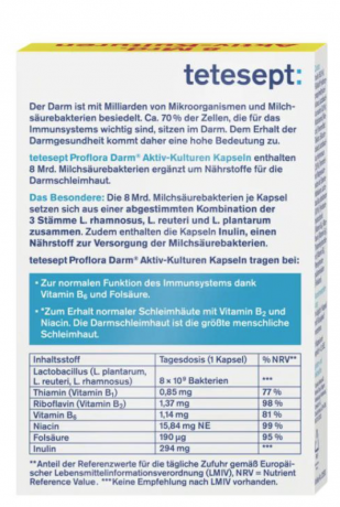 tetesept (тетесепт) Proflora Darm Aktiv-Kulturen Kapseln 24st, Пробиотик капсулы с активными кишечными культурами и комплексом витамина B2 и В6, 24шт