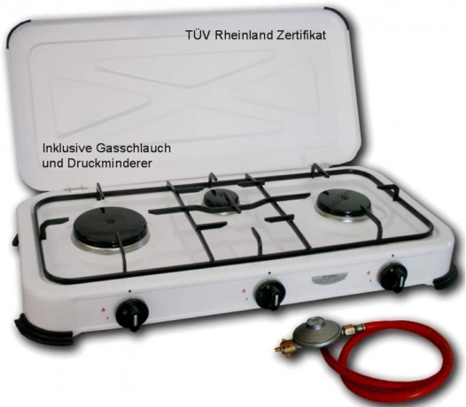 Kaminbau Mierzwa Kaminbau Mierzwa Gaskocher 3 flammiger Campingkocher, (Inkl. 80cm Anschlussschlauch und Druckminderer), Gasherd Gasofen  Газовая плита Kaminbau Mierzwa, 3-х пламенная походная печь (включая соединительный шланг 80 см и редуктор давления),
