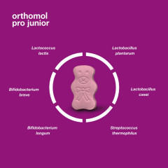 Orthomol Pro junior Kombination ausgewahlter darmsymbionten und Vitamin C, 10 Kautabletten, Высокоэффективный пробиотик с бифидобактериями, лактобактериями и витамином С, жевательные таблетки со вкусом клубники, для детей с 4ех лет, 10шт