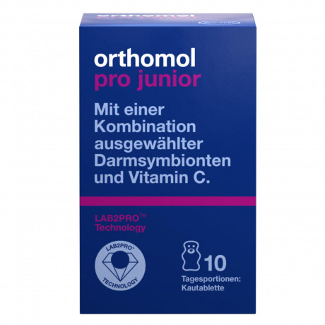 Orthomol Pro junior Kombination ausgewahlter darmsymbionten und Vitamin C, 10 Kautabletten, Высокоэффективный пробиотик с бифидобактериями, лактобактериями и витамином С, жевательные таблетки со вкусом клубники, для детей с 4ех лет, 10шт