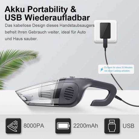 TUABUR TUABUR Akku-Handstaubsauger 8000PA Handstaubsauger, kabellos, starke Saugkraft, nass und trocken, Ausgestattet mit 2200-mA-Akku, 4-in-1-Multifunktions-Handstaubsauger, Geeignet fur Tierhaare, Autoinnenraume, Staub, Buro- und Heimreinigung Asche Бес