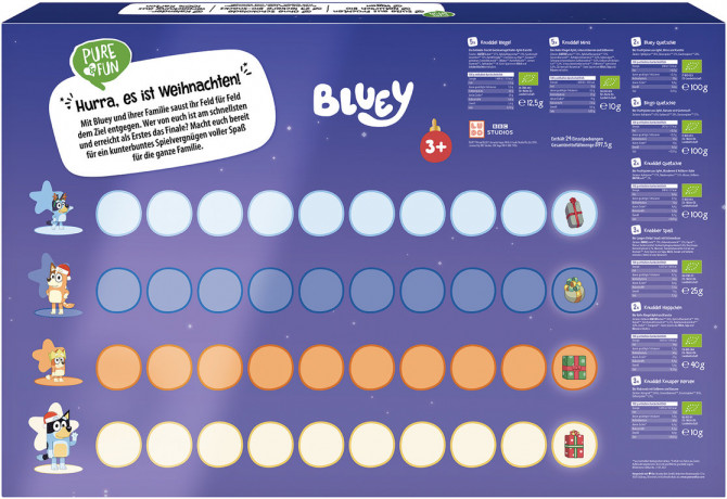 PURE&FUN Bio Bluey Adventskalender 2026, PURE&FUN детский органический адвент-календарь Bluey 2026 с фруктовыми снеками и пюре, 24 сюрприза