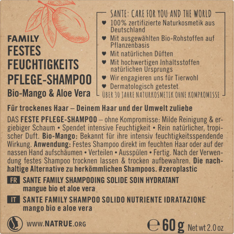 SANTE FAMILY Festes Feuchtigkeits Pflege-Shampoo Bio-Mango & Aloe Vera, 60 g, Санте Твёрдый увлажняющий шампунь Family с био-манго и алоэ вера, 60 г