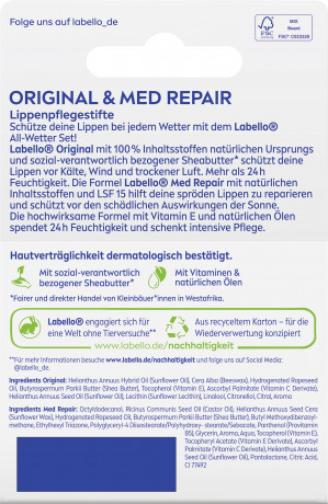 Labello Original & Med Repair LSF 15, Набор бальзамов для губ с маслом ши и пантенолом для питания и ухода при сухости, Original и Med Repair SPF 15, 2 × 4,8 г