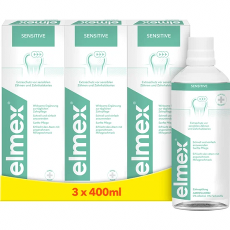 elmex Sensitive Mundspuelung 3x 400 ml Vorteilspack, Ополаскиватель Sensitive с аминофторидом для чувствительных зубов, 3 × 400 мл