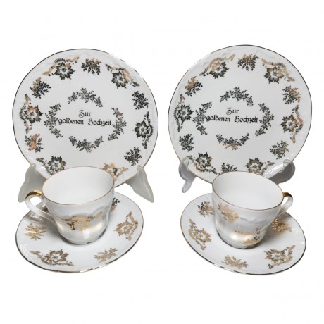 Чайный набор винтажный Bareuther Waldsassen Bavaria "Золотая свадьба", с позолотой, на 2 персоны, 6 предметов, фарфор, Германия, 1960-70гг.