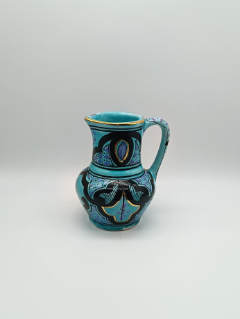 Кувшин винтажный Azoz Al Charaz, бирюзово-черный, с позолоченным кантом, керамика, 10 х 12.5 см, Тунис, 1970-80гг.