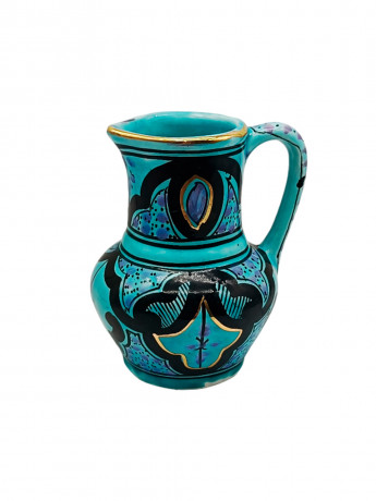 Кувшин винтажный Azoz Al Charaz, бирюзово-черный, с позолоченным кантом, керамика, 10 х 12.5 см, Тунис, 1970-80гг.