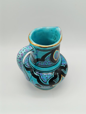 Кувшин винтажный Azoz Al Charaz, бирюзово-черный, с позолоченным кантом, керамика, 10 х 12.5 см, Тунис, 1970-80гг.