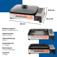 ZMC ZMC Gaskocher 2in1 Gas Kocher Campingkocher + Grillplatte + Grillpfanne Gasgrill, (Gasbrenner Tischgrill inkl. Transportkoffer fur:Indoor/Outdoor Warmeleistung: 2,1KW), + 4x 227g MSF-1a Gaskartuschen Tragbarer Camping Kocher Herd Gaskocher  Газовая пл