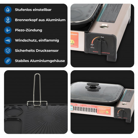 ZMC ZMC Gaskocher 2in1 Gas Kocher Campingkocher + Grillplatte + Grillpfanne Gasgrill, (Gasbrenner Tischgrill inkl. Transportkoffer fur:Indoor/Outdoor Warmeleistung: 2,1KW), + 4x 227g MSF-1a Gaskartuschen Tragbarer Camping Kocher Herd Gaskocher Газовая пл