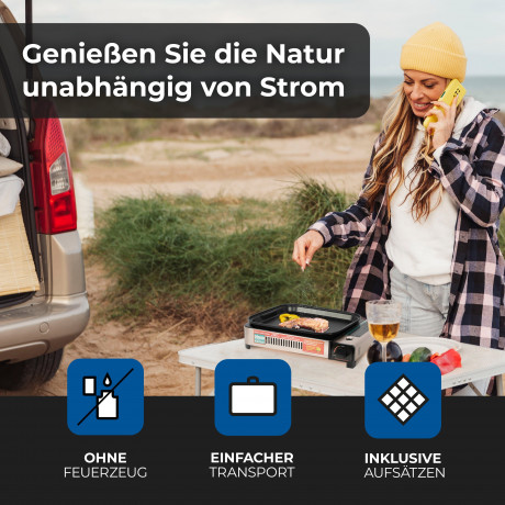 ZMC ZMC Gaskocher 2in1 Gas Kocher Campingkocher + Grillplatte + Grillpfanne Gasgrill, (Gasbrenner Tischgrill inkl. Transportkoffer fur:Indoor/Outdoor Warmeleistung: 2,1KW), + 4x 227g MSF-1a Gaskartuschen Tragbarer Camping Kocher Herd Gaskocher Газовая пл