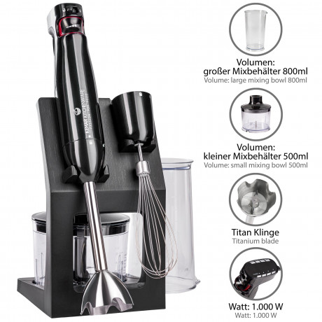 KeMar Kitchenware KeMar Kitchenware Stabmixer KSM-1000 Stabmixer-Set, 1000 W, 17.000 U/min Aufbewahrungsstander Messbecher Titan Klinge  KeMar Kitchenware Ручной блендер KSM-1000, набор ручного блендера, 1000 Вт, 17 000 об/мин, подставка для хранения, мер