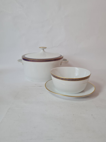 Набор супница и тарелка винтажный PMR Jager & Co Bavaria, белый фарфор с золотисто-голубым узором, 23 x 14 см и 17 x 14 x 7 см, Германия, 1960-70гг.