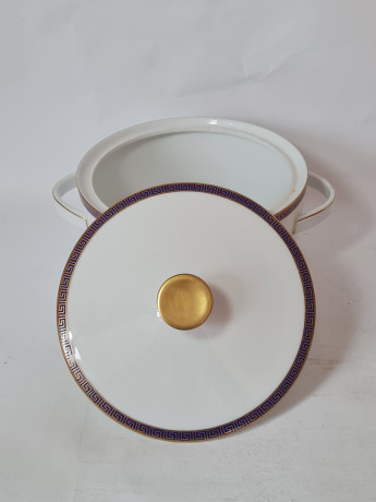 Набор супница и тарелка винтажный PMR Jager & Co Bavaria, белый фарфор с золотисто-голубым узором, 23 x 14 см и 17 x 14 x 7 см, Германия, 1960-70гг.