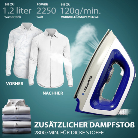 Blaupunkt Blaupunkt Dampfbugelstation MEN803 Dampfbugelstation 2250W Bugelstation 5.2 Bar Dampfstoss 280g, 1,2 L Tank abnehmbar, Keramiksohle Bugeleisen Dampf, Dampfbugeleisen  Паровая гладильная станция Blaupunkt MEN803 Гладильная станция с паром, 2250 В