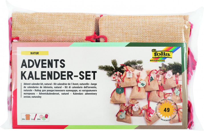folia Adventskalender 2026-Set Juteoptik, 24 Saeckchen, Folia Адвент-календарь 2026 в джутовом стиле для самостоятельного наполнения, 24 мешочка с бирками
