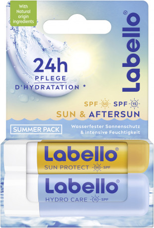 Labello Sun LSF 50 & Hydro Care LSF 15, Набор бальзамов для губ с маслом ши и глицерином для увлажнения и питания, Sun Protect SPF 50 и Hydro Care SPF 15, 2 × 4,8 г