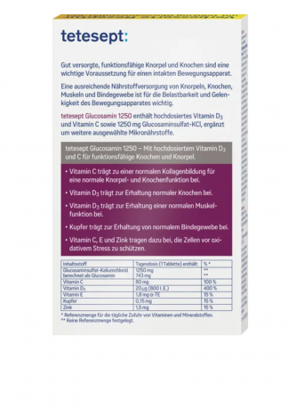 tetesept Glucosamin 1250  Tabletten  30st, Таблетки глюкозамина 1250 с высокими дозами витаминов D3 и C, 30шт