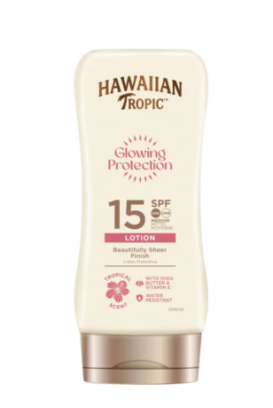 Hawaiian Tropic Glowing Protection Lotion LSF 15, Солнцезащитный Лосьон для сияния кожи SPF 15, с маслом ши и витамином Е, водостойкая формула, тропический аромат, 180мл 