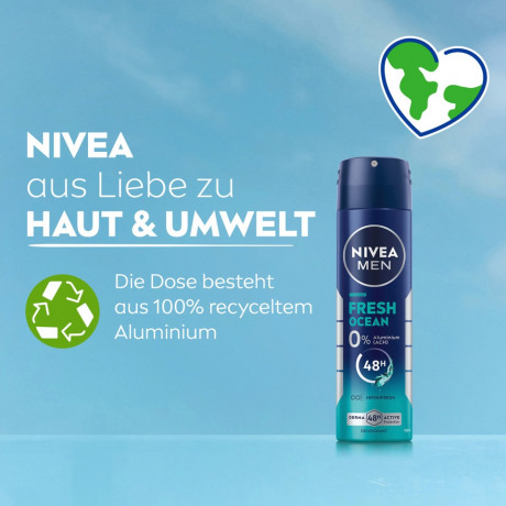 NIVEA MEN Fresh Ocean Deodorant Spray, 150 ml, Нивеа Мужской дезодорант спрей, морской аромат, 0% алюминия, формула INFINIFRESH, 48ч защита, 150 мл