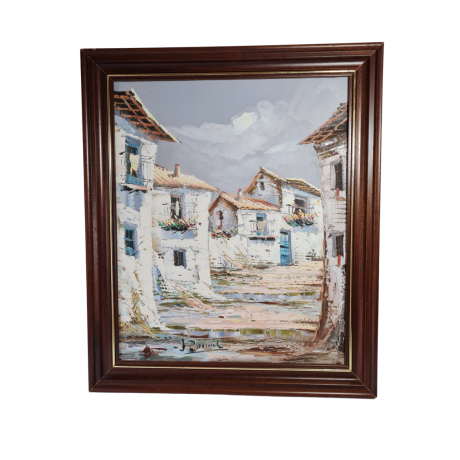 Картина винтажная J.Pascal, изображение домов в светлых тонах, деревянная рама, 54,5 x 46 см, Германия, 1960-1970гг.